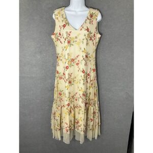 Reba Woman Dress Size L Floral Embroidery Tiered Mesh Overlay Boho Lined Maxi